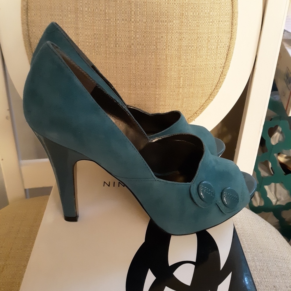 Nine West Blue Suede Open Toe Heels